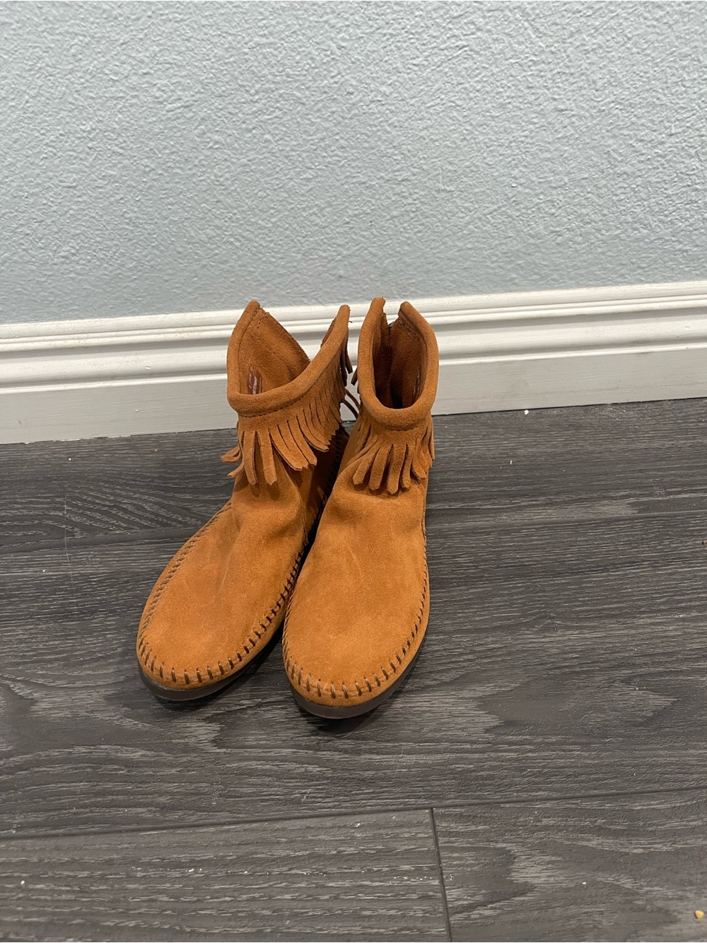 Minnetonka Fringe Suede Ankle Boot in Cognac Brown